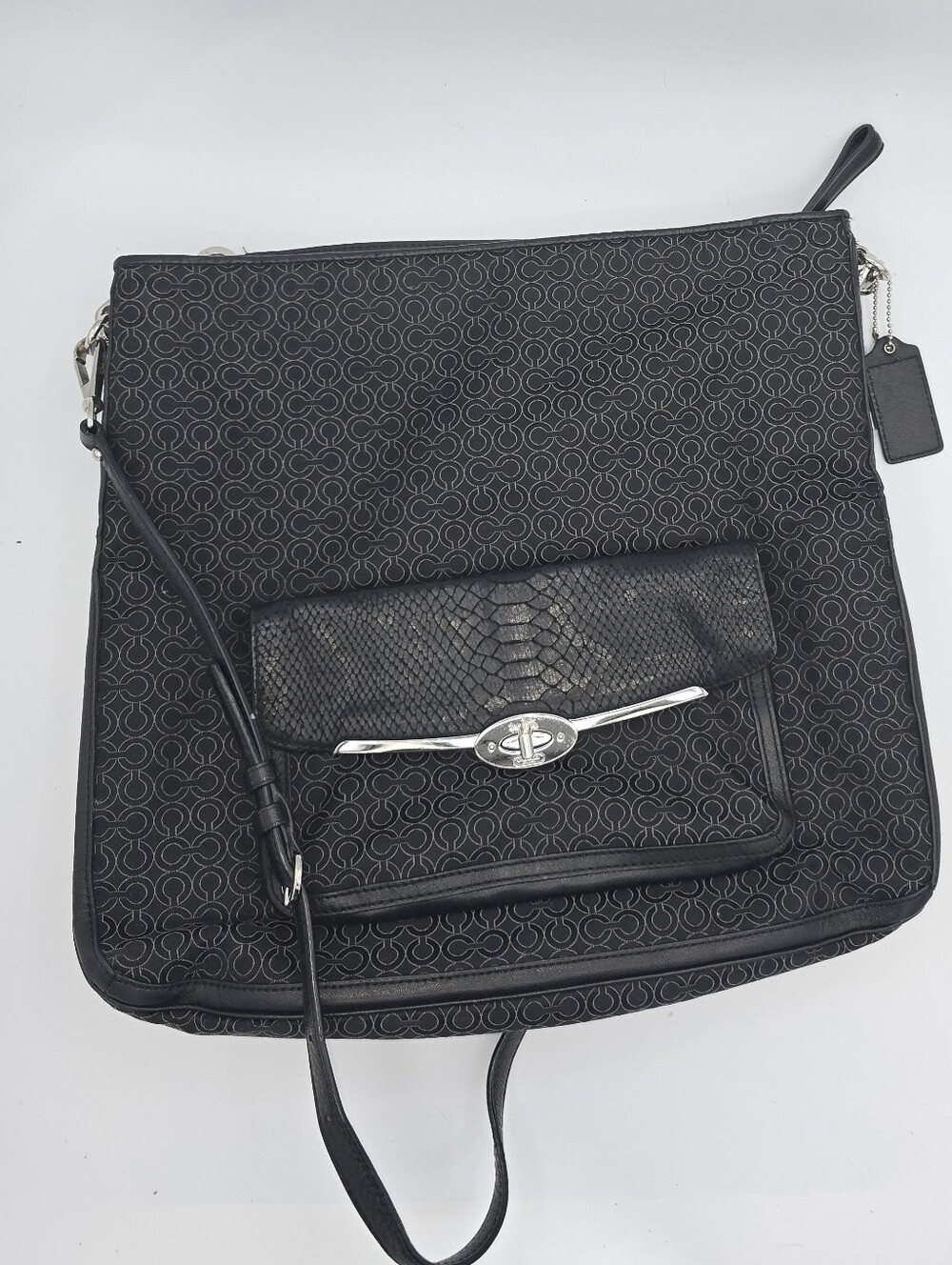 Coach 27906 Op Art Signature Hobo Shoulder Bag Black Gray Blue Lining Turnlock